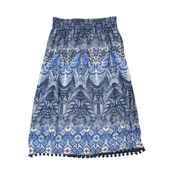 J. Jill Peasant Skirt Womens Small Petite Tassels Paisley Batik Boho Blue White - Picture 1 of 13